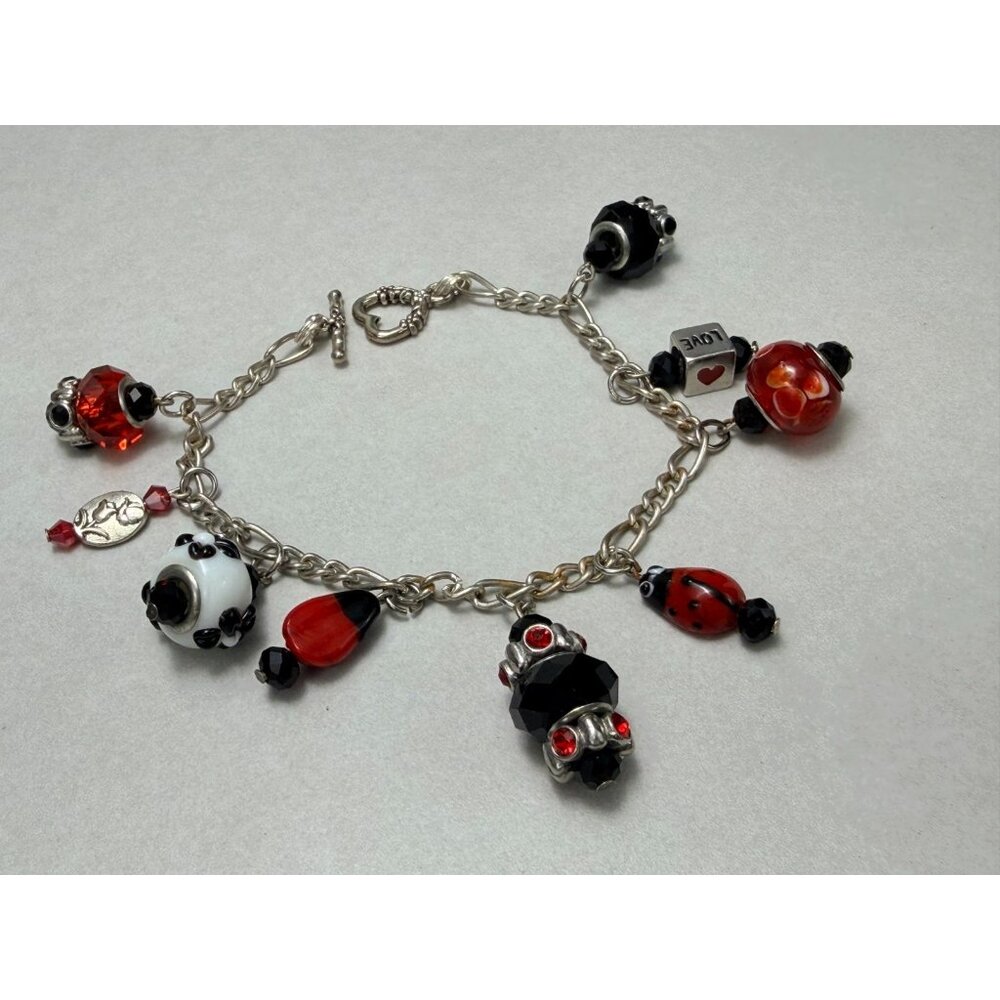Murano Glass Charm Bracelet Ladybug Lampwork Beads Toggle Clasp